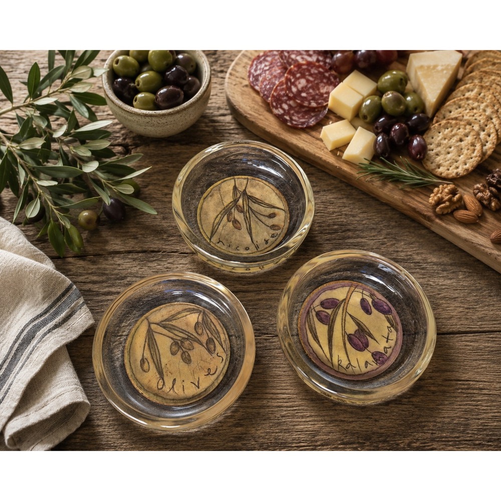 Vintage‎ Glass Coaster Set of 3 Olive Branch Cork Back Tuscan Charcuterie Decor